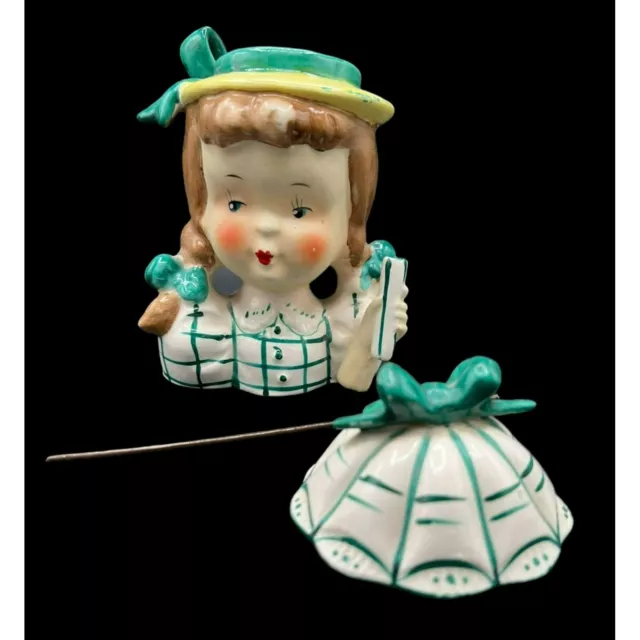 Rare Napco Japan Girl Green Parasol Umbrella Planter Figurine GINGHAM PIGTAILS 3