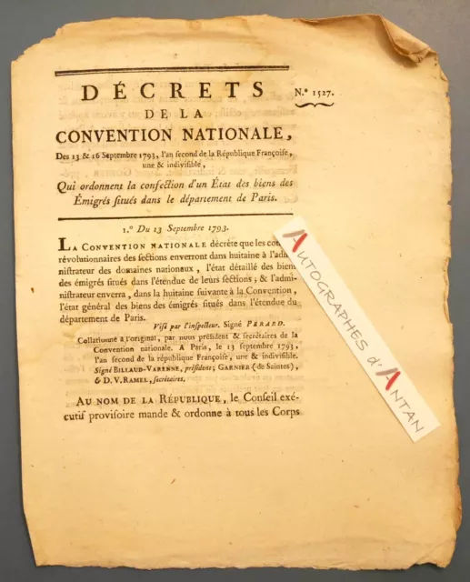 ● 1793 Décret Convention Nationale confection Etat des biens des émigrés PARIS