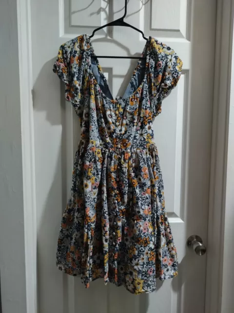 American Eagle Dress Womens Large Floral Short Peasant Buttons Back Tie Cotton