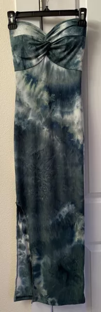 Sexy Long Maxi Sweetheart Side Slit Padded Tube Top Dark Green Tie Dye Dress S 2