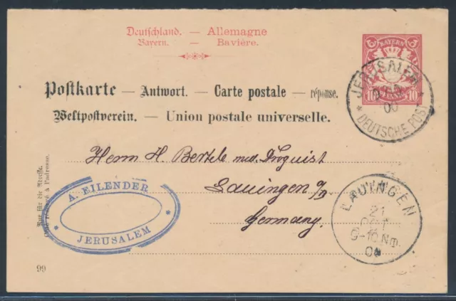 DP Türkei 10 Pfennig Bayern Antwortpostkarte Jerusalem 1900 Attest (S16973)
