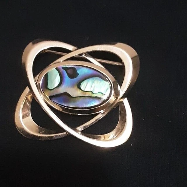 Vintage Silver Plated Oval  Atomic Blue Green Faux Opal Brooch