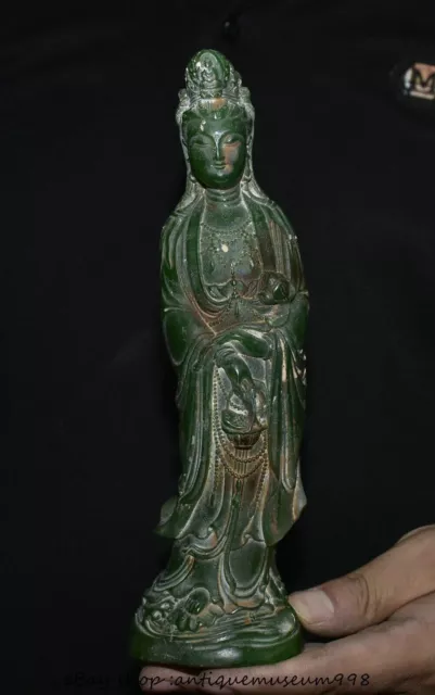8.8" Old Chinese Green Jade Carving Kwan-yin Guan yin Goddess Statue