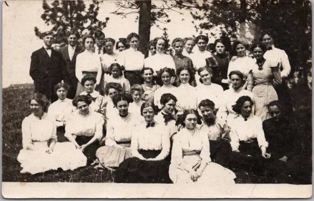 1910s RPPC Photo Postcard School Outing?  Mostly Young Ladies, Couple of Guys