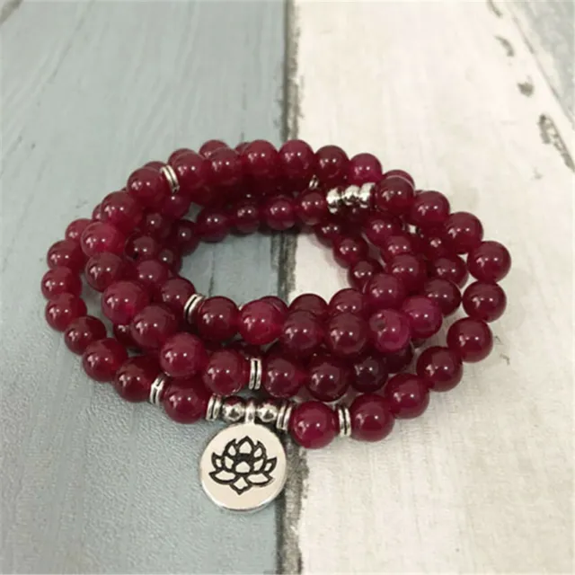 8MM 108 ruby Buddha beads Silver Pendant Bracelet Reiki Wrist blessing yoga