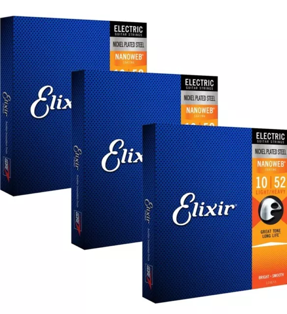 3 Sets New Elixir 10-52 Gauge Nickel Plated Electric Guitar Strings Nanoweb