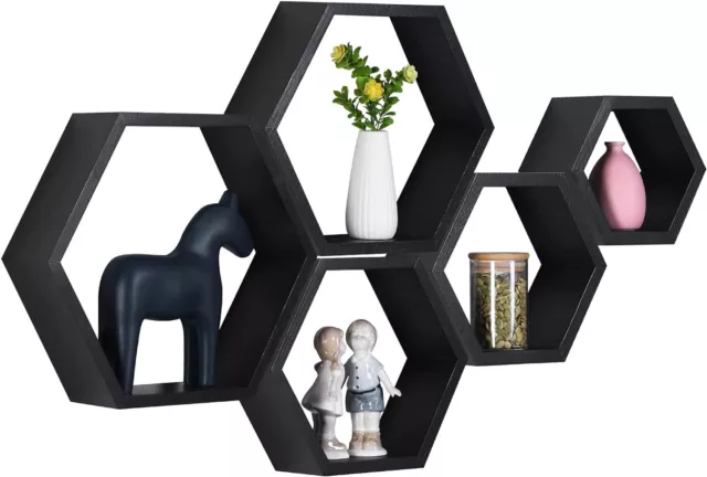 PHOENANCEE Hexagon Floating Shelves Set of 5 Furniture - Wall Decor Black