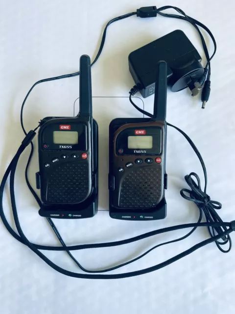 GME TX655 1W UHF CB Handheld Radio Set - Black, Set Of 2 With Charging Dock.
