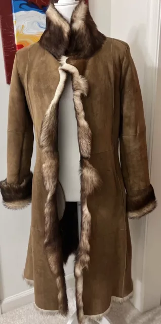 Andrew Marc Toscana Genuine Suede Shearling Lamb Fur Lined Coat Camel Size S