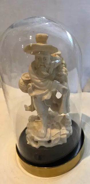 Vintage Chinese Oriental Resin Figurine of a Man Bee Keeper in Glass Dome