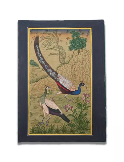 Adorable Paon Couple Oiseau Fait à la Main Peinture Miniature Art Sur Papier