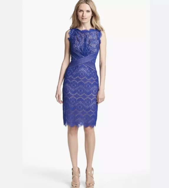 TADASHI Shoji Women’s 4 Blue Chantilly Lace Boat Neck Sheath DRESS Cocktail