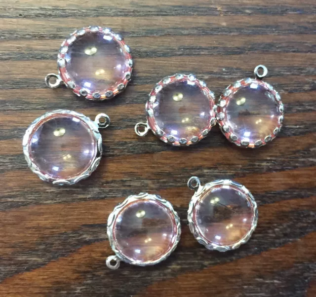 Vintage NOS Pink Lucite Round Bubble Fancy Set Silver Drops Charms Finding Lot