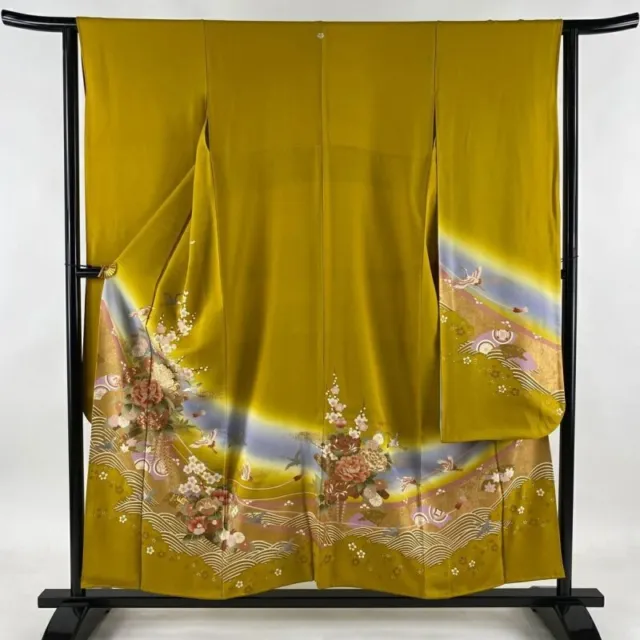 Japanese Kimono Furisode Pure Silk Triple Family Crest Moutan Crane
