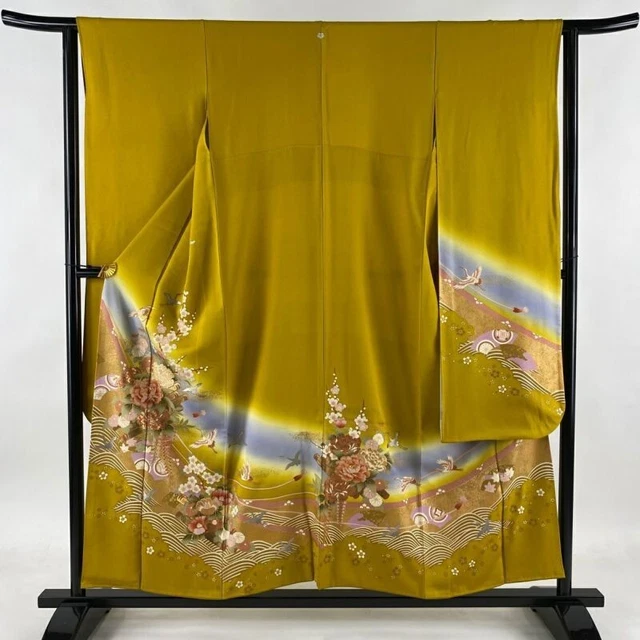 Japanese Kimono Furisode Pure Silk Triple Family Crest Moutan Crane