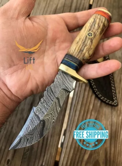 Custom HAND FORGED DAMASCUS STEEL Knife HUNTING Brown wood & Brass Guard Handle