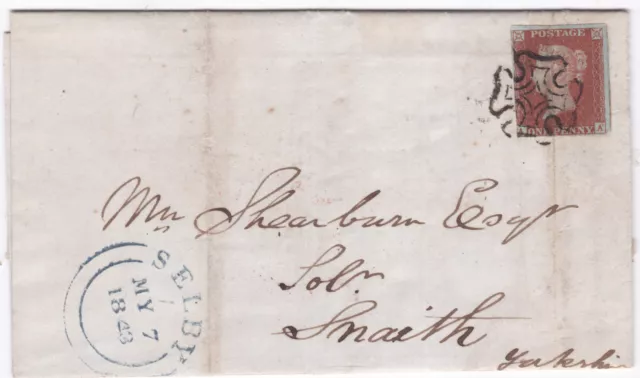 1843 QV 1d PENNY RED STAMP CREASE MX MALTESE CROSS ON LETTER TO SNAITH SELBY PMK