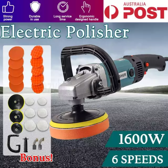 Polisher Car Buffer Pad Electric Machine Tool Kit 6 Speed 240V 1600W 180mm 150mm