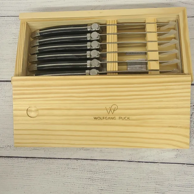 Wolfgang Puck Set of 6 Steak Knives NEW in Wooden Gift Box 