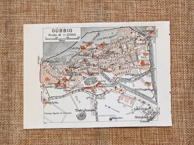 Carta geografica, pianta o piantina del 1939 La città di Gubbio Umbria T.C.I.