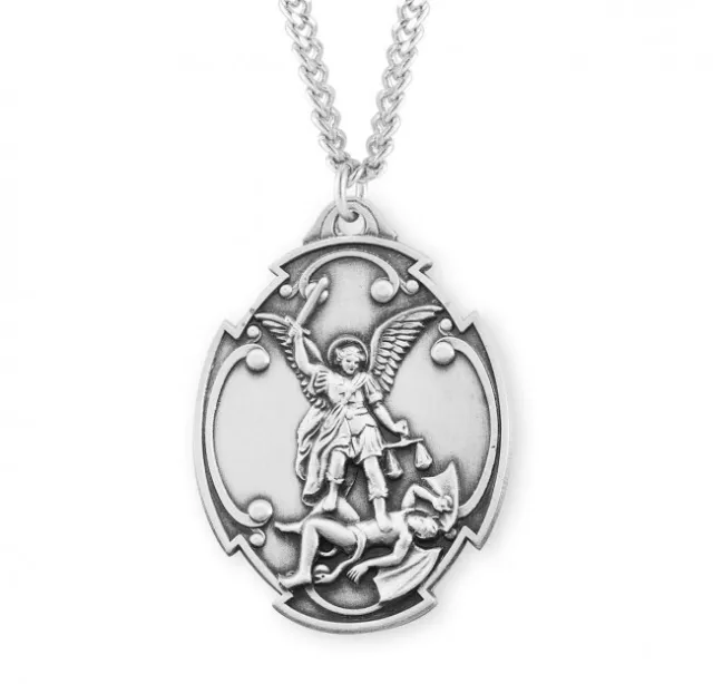 Sterling Silver Saint Michael the Archangel Styled Cross Shield Necklace 27 In