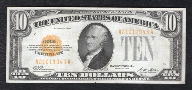 Fr. 2400 1928 $10 Ten Dollars Gold Certificate Currency Note Extremely Fine