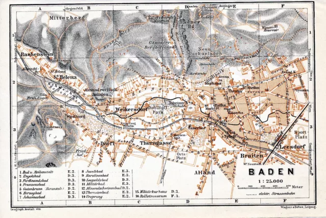 Baden bei Vienna 1910 orig. City map + travel (2 S.) Thurngasse military bath village