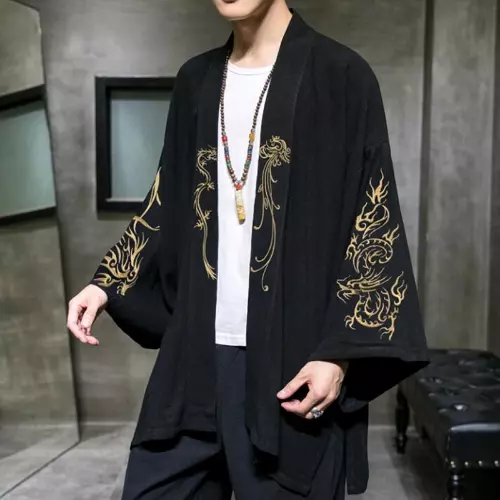 Fashion Embroidery Hanfu Mens Chinese Style Robe Cardigan Oversized Kimono Coat