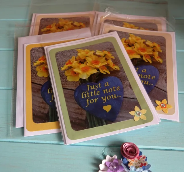 Pack 5 Handcrafted Note Cards, Celebration Floral, With Envelopes in Cello Bags