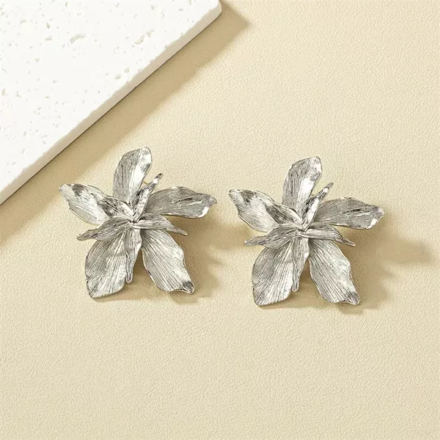 Silver Flower Petal Earrings Big Large Statement Drop Charm Earrings Pierced New 2