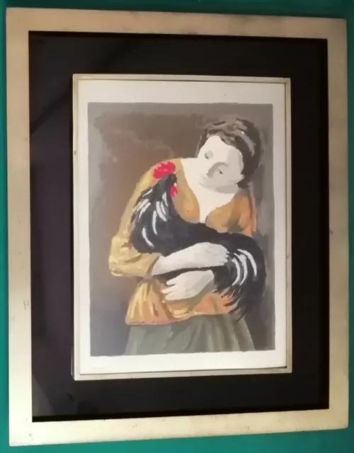 Quadro - Donna con gallo, Domenico Purificato - Litografia su argento - 29x39 cm