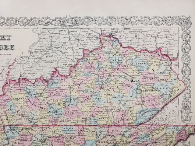 1855 Colton Map - Kentucky Tennessee - 100% Genuine Antique 2