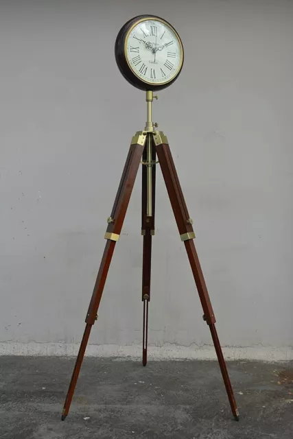 Brown Wood Grandfather Style Floor Clock Vintage Industrial 3 Folding Tripod