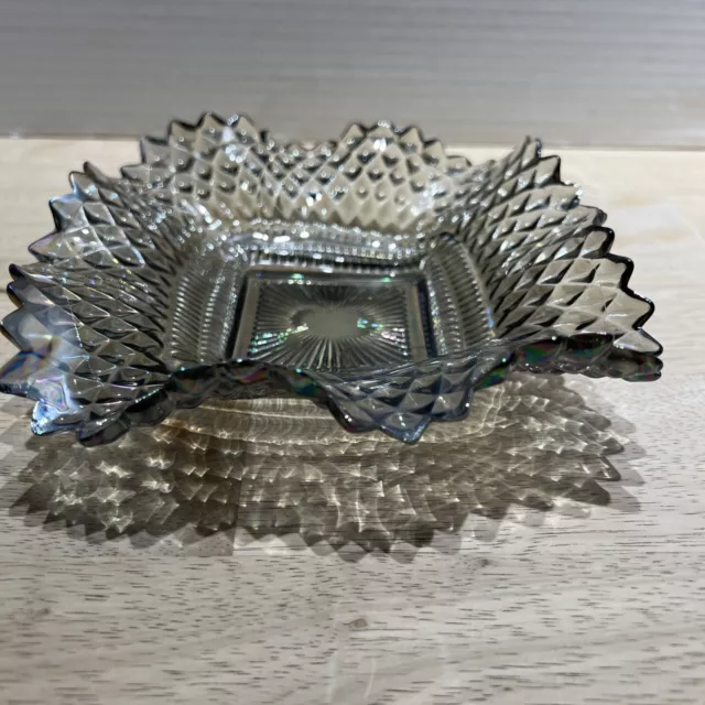 Vintage Indiana Carnival Glass Smoke Gray Ruffled Edge Diamond Cut Square Dish