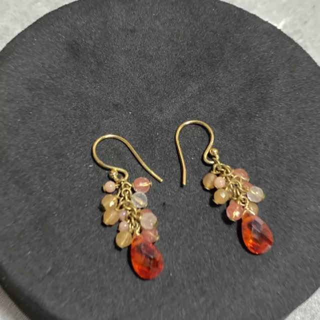 GOLD VERMEIL Orange Crystal Bead Earrings Dangly Cluster Retro Kitsch Silver 925