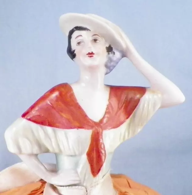 Porcelain Half Doll Lady Powder Box Cover Hat Vanity Accessory Art Deco Vintage