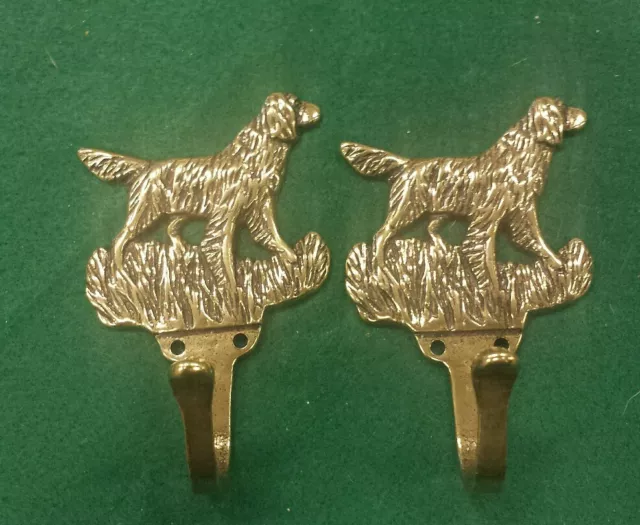 Pair dog Retriever Setter (?) SOLID BRASS COAT HOOKS   with brass screws #BR549