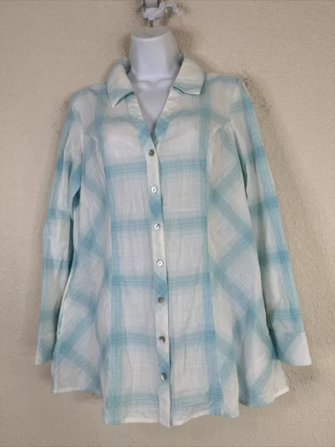 Soft Surroundings Womens Size S Blue Plaid Button Up Tunic Shirt Long Sleeve