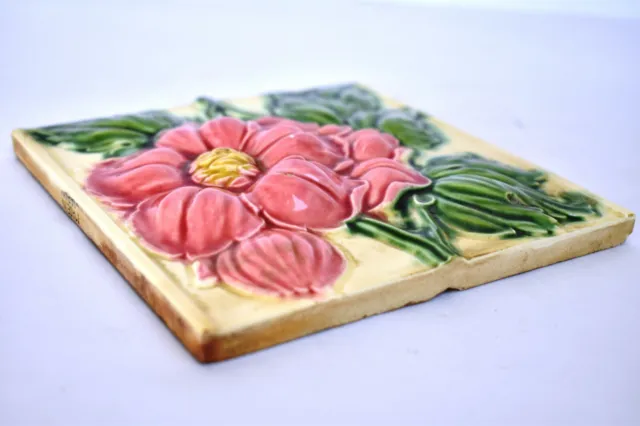 Antique Tile Art Nouveau Japan Majolica Rose Flower High Embossed Collectibles" 3
