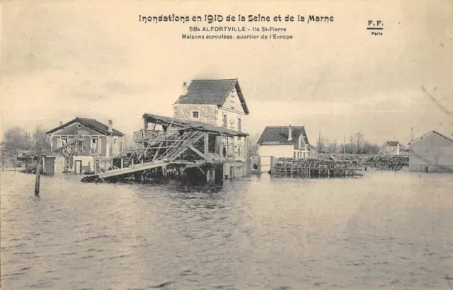 Cpa 94 Alfortville Inondations 1910 L'ile Saint Pierre Maisons Ecroulees