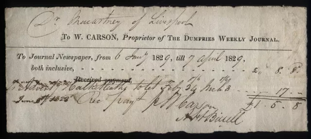 1829 DUMFRIES - W.CARSON - Dumfries Weekly Journal Newspaper, fine early receipt
