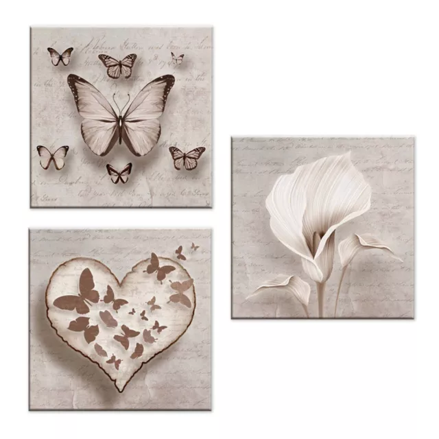 Set 3 pezzi Quadri su tela 38x38 cm SHABBY farfalle cuore e fiori