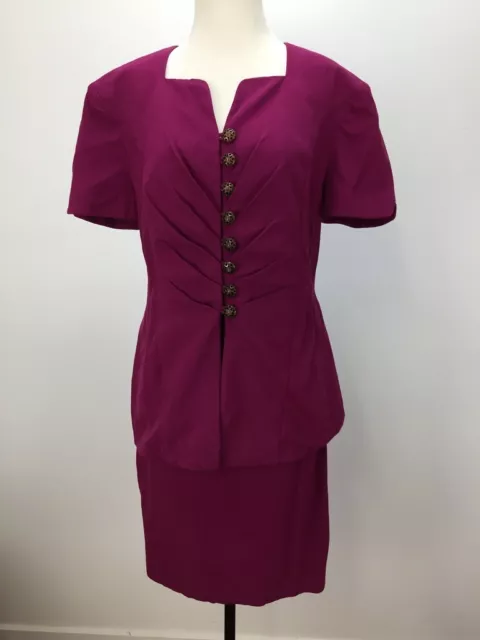 Cue Design Size 14 Womens Matching Vintage Jacket & Skirt Suit Set Purple Button