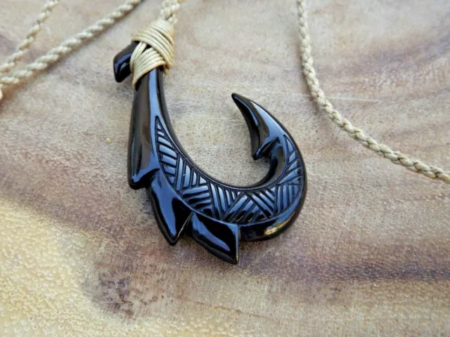 Hawaiian Buffalo Bone Black Fish Hook Pendant Adjustable Necklace Choker