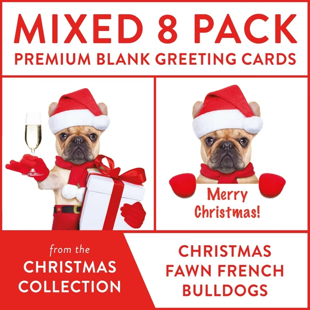 Französische Bulldoggen Weihnachtskarten gemischt Weihnachtspaket 8 Karten Frenchie Hunde KOSTENLOSER VERSAND