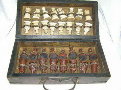 Chinese Army Style 32 Pieces Chess Set Leather Wood Box Board & Traditional Game