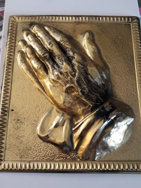 Vintage Elpec Brass Relief Religious Wall Plaque Praying Hands Made in England