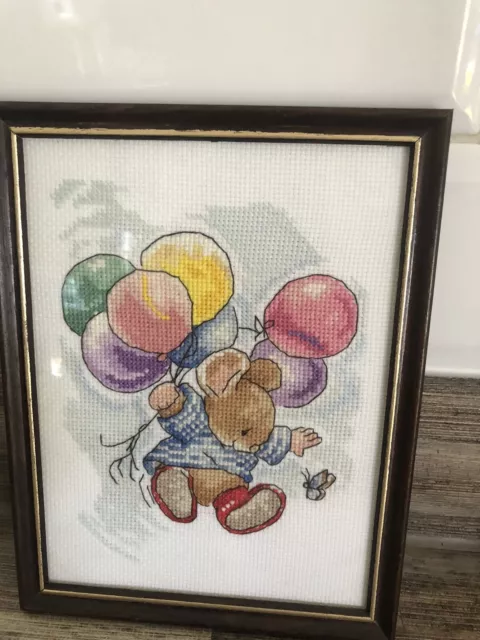 Country Companions Framed Completed Cross Stitch Happy Mouse With Balloons