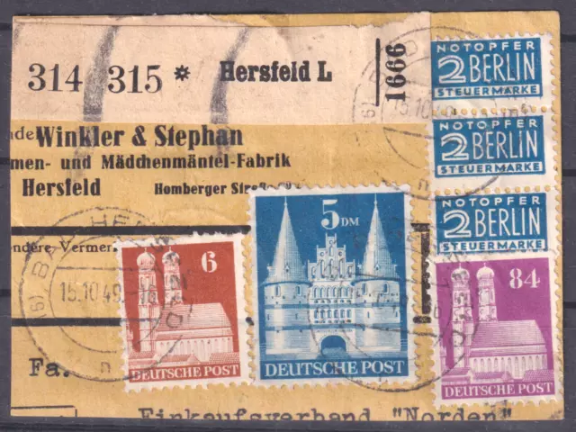 Bizone Bauten Mi.Nr. 76, 80, 82 95, 100 MiF Paketkartenausschnitt Hersfeld 1949