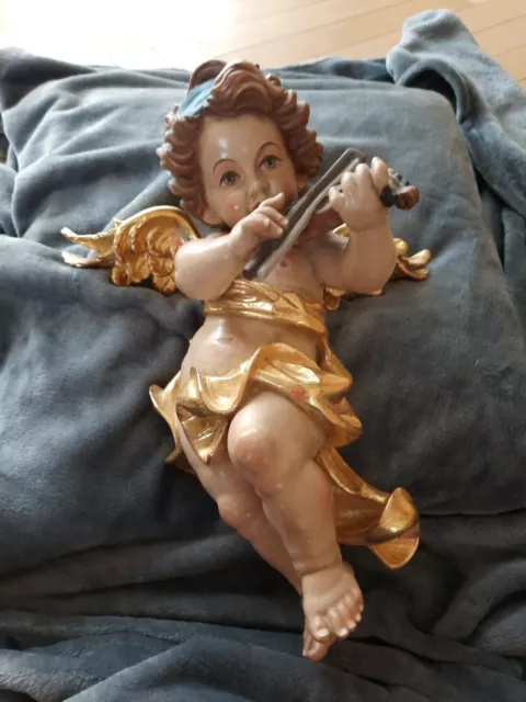 Hänge Wand Engel Figur Geige Putte Putto Barockengel Flügel Holz 37cm Blattgold